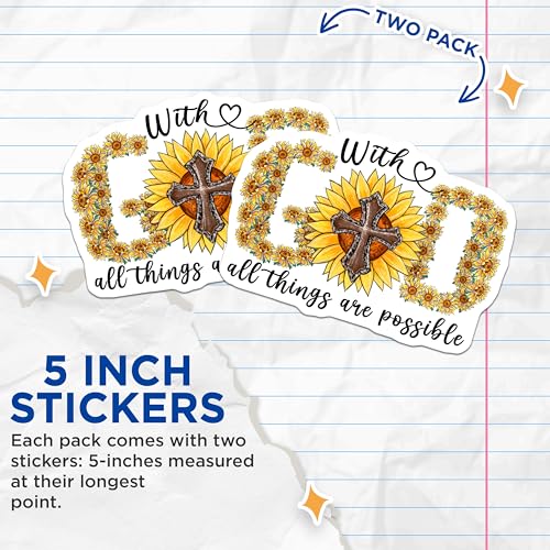 (2 Pack) God Sunflower Stickers - All Things are Possible - Inspirational Quote Stickers - 5" On Longest Side - Sticks to Smooth Flat Surfaces - Made in USA - BMCS6207