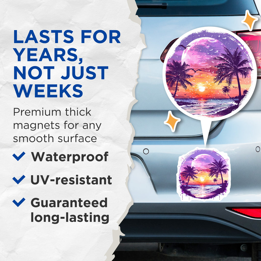(2 Pack) Tropical Sunset Magnets - Palm Tree Beach Scene - Vibrant Ocean Art - Refrigerator Decor - 5 Inches On Longest Side - Thick Durable Magnet - Made in USA - MAG36227