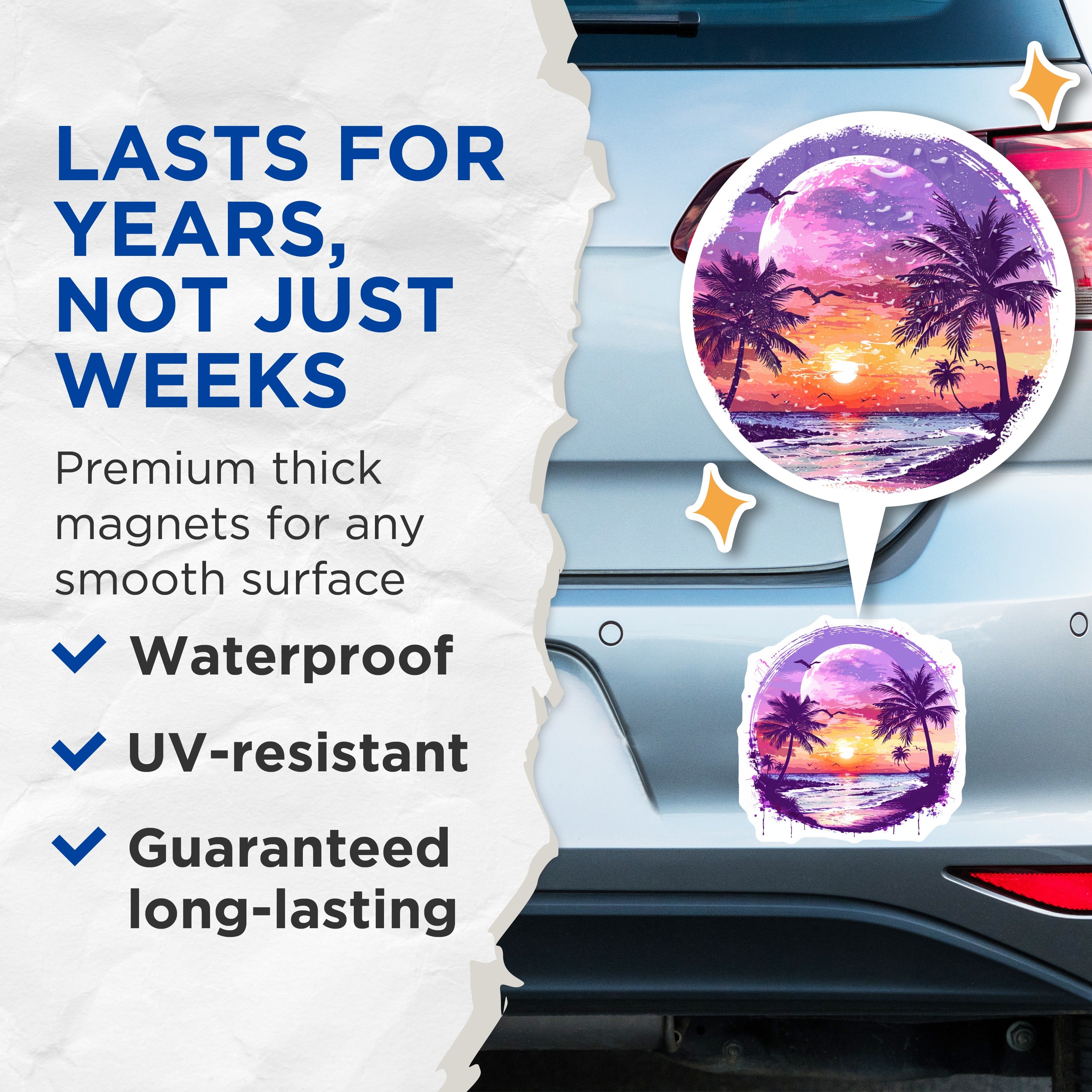 (2 Pack) Tropical Sunset Magnets - Palm Tree Beach Scene - Vibrant Ocean Art - Refrigerator Decor - 5 Inches On Longest Side - Thick Durable Magnet - Made in USA - MAG36227