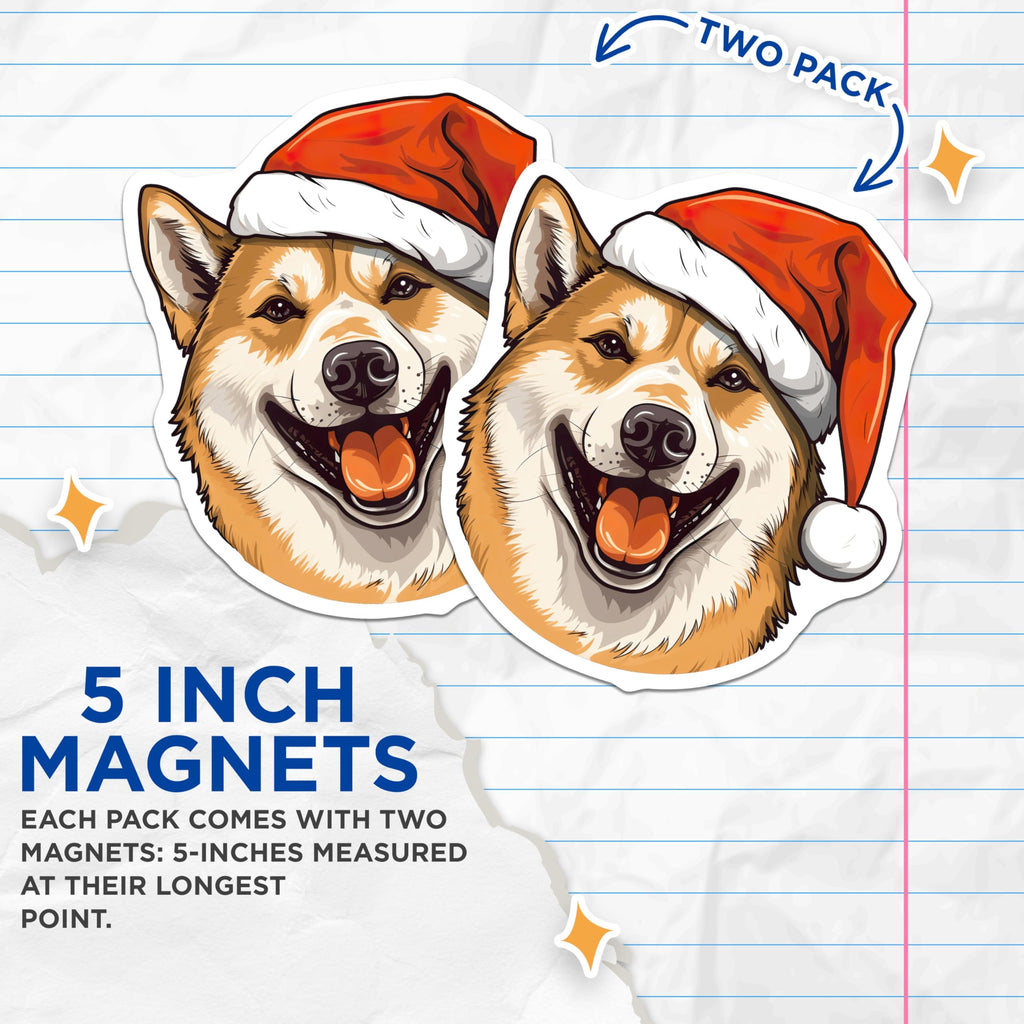 (2 Pack) Christmas Dog Magnets - Santa Hat Shiba Inu Akita Decor - Festive Holiday Pet Refrigerator Magnets - 5 Inches On Longest Side - Thick Durable Magnet - Made in USA - MAG26566