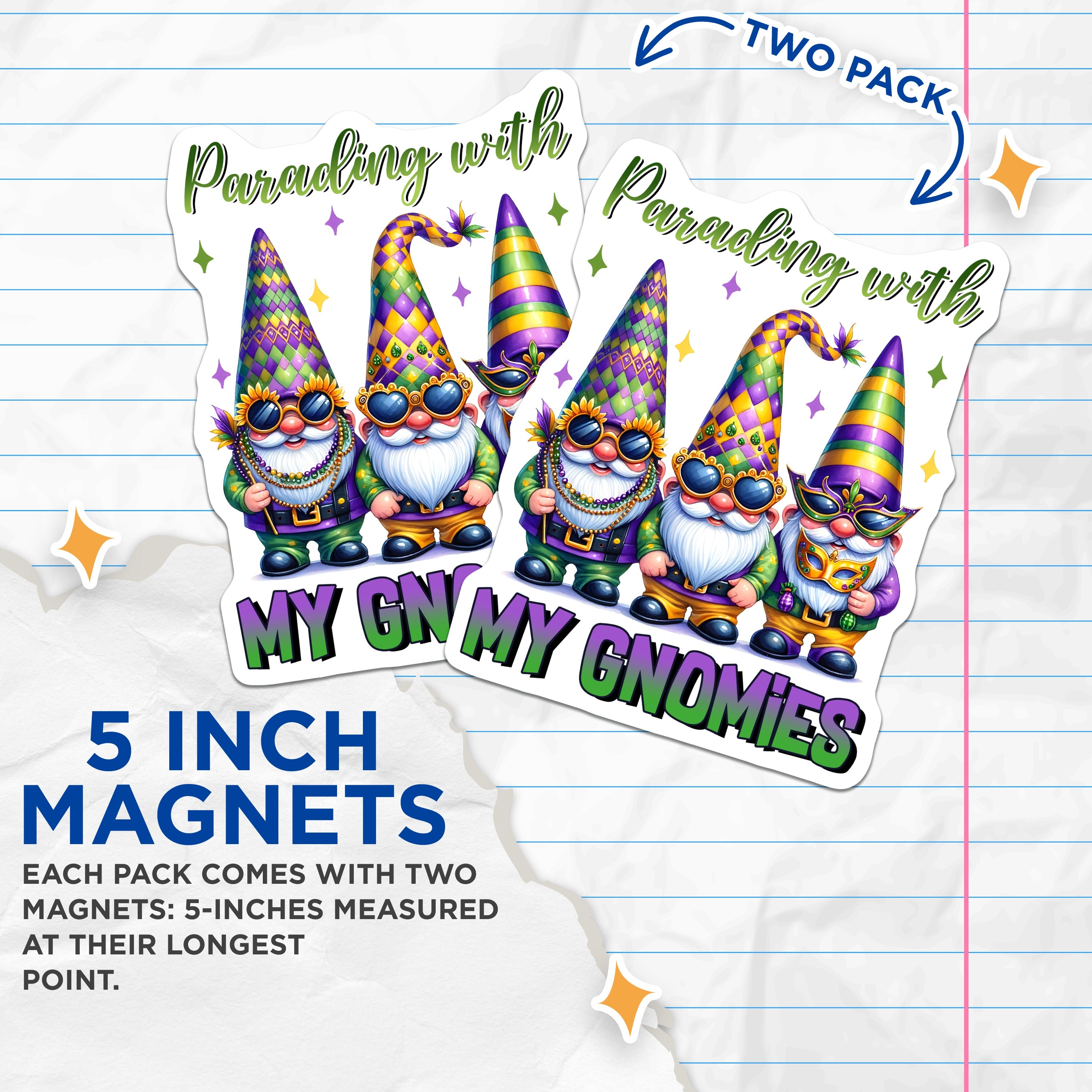 (2 Pack) Mardi Gras Gnomes Magnets - Whimsical Gnomies Party Decor - New Orleans Festival Cheer - 5 Inches On Longest Side - Thick Durable Magnet - Made in USA - MAG36477