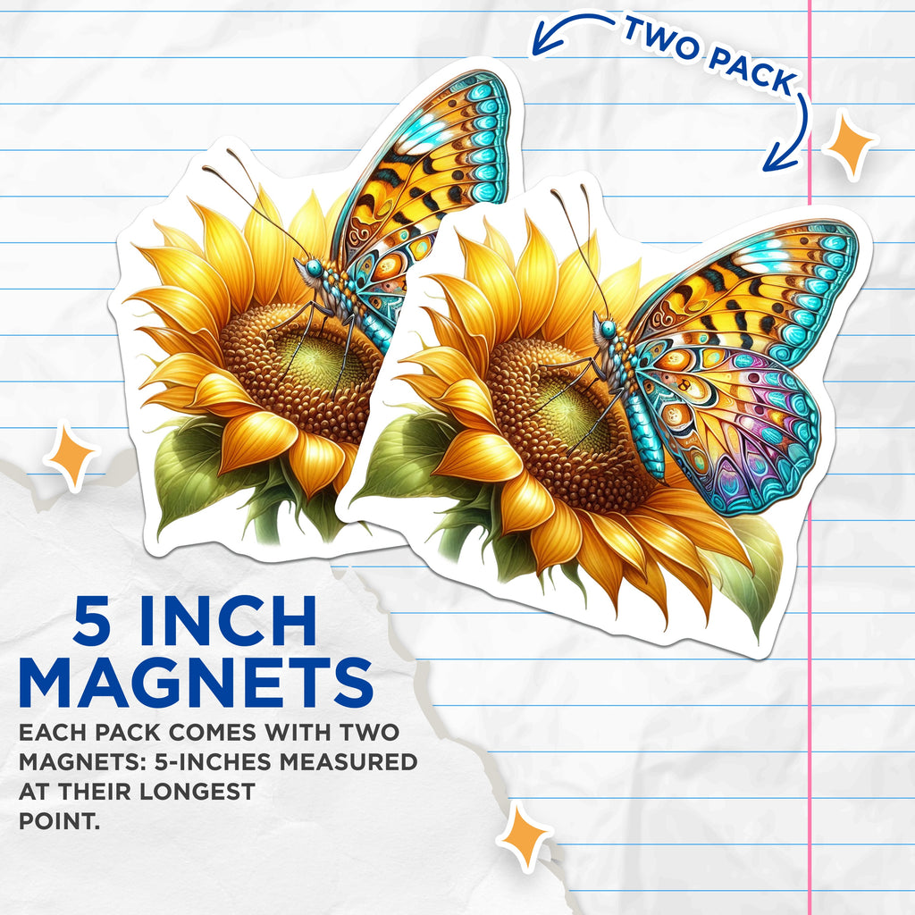 (2 Pack) Butterfly Sunflower Magnets - Vibrant Nature Fridge Decor - Boho Kitchen Locker Display - 5 Inches On Longest Side - Thick Durable Magnet - Made in USA - MAG39090