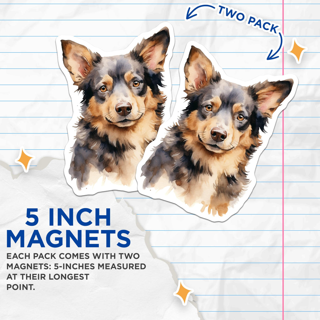 (2 Pack) Australian Shepherd Magnets - Watercolor Dog Art - Pet Lover Home Decor - Collie Mix Animal Fridge Accent - 5 Inches On Longest Side - Thick Durable Magnet - Made in USA - MAG24334