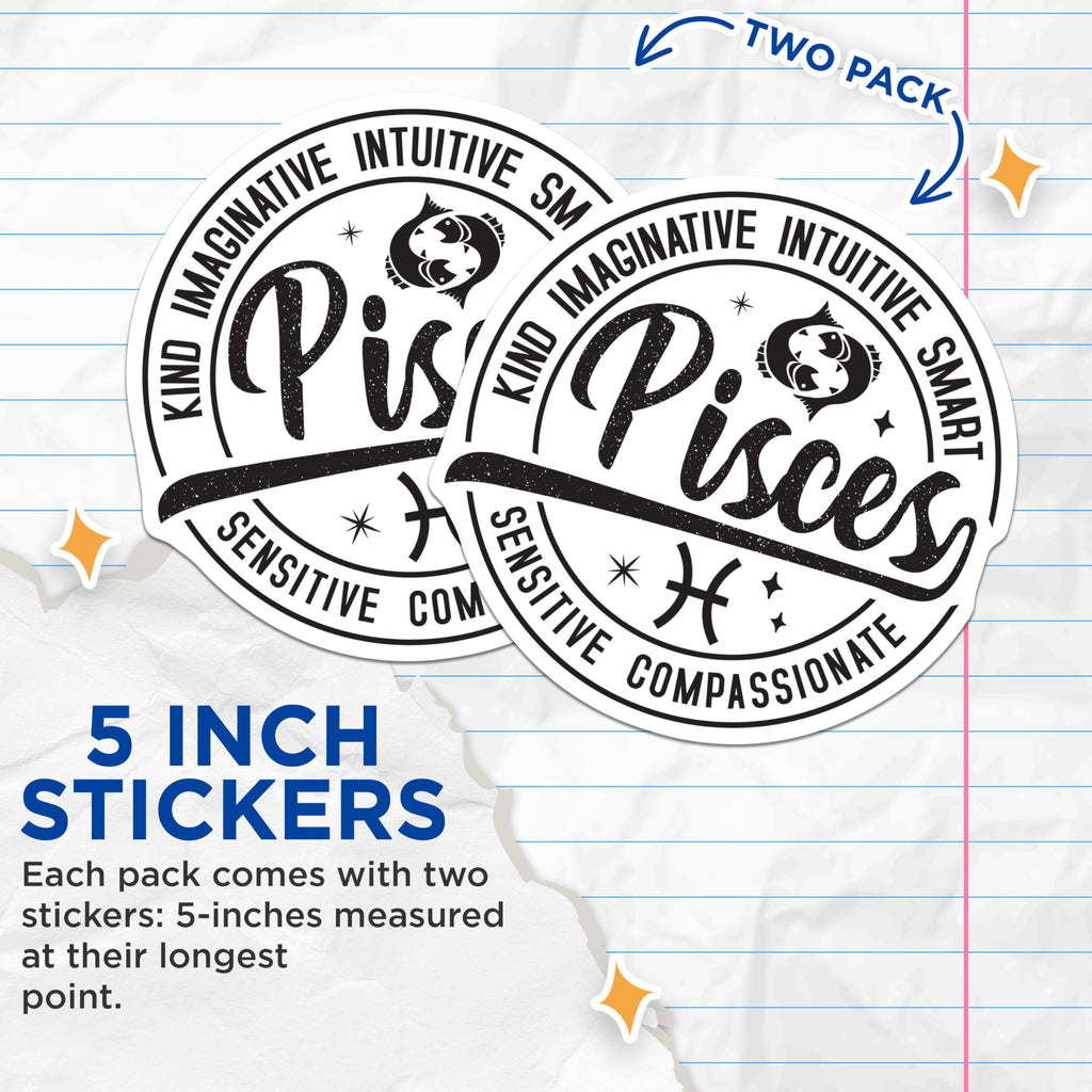 (2 Pack) Pisces Zodiac Stickers - Astrological Signs Stickers - Horoscope Sign Stickers - 5" On Longest Side - Sticks to Smooth Flat Surfaces - Made in USA - BMCS5261