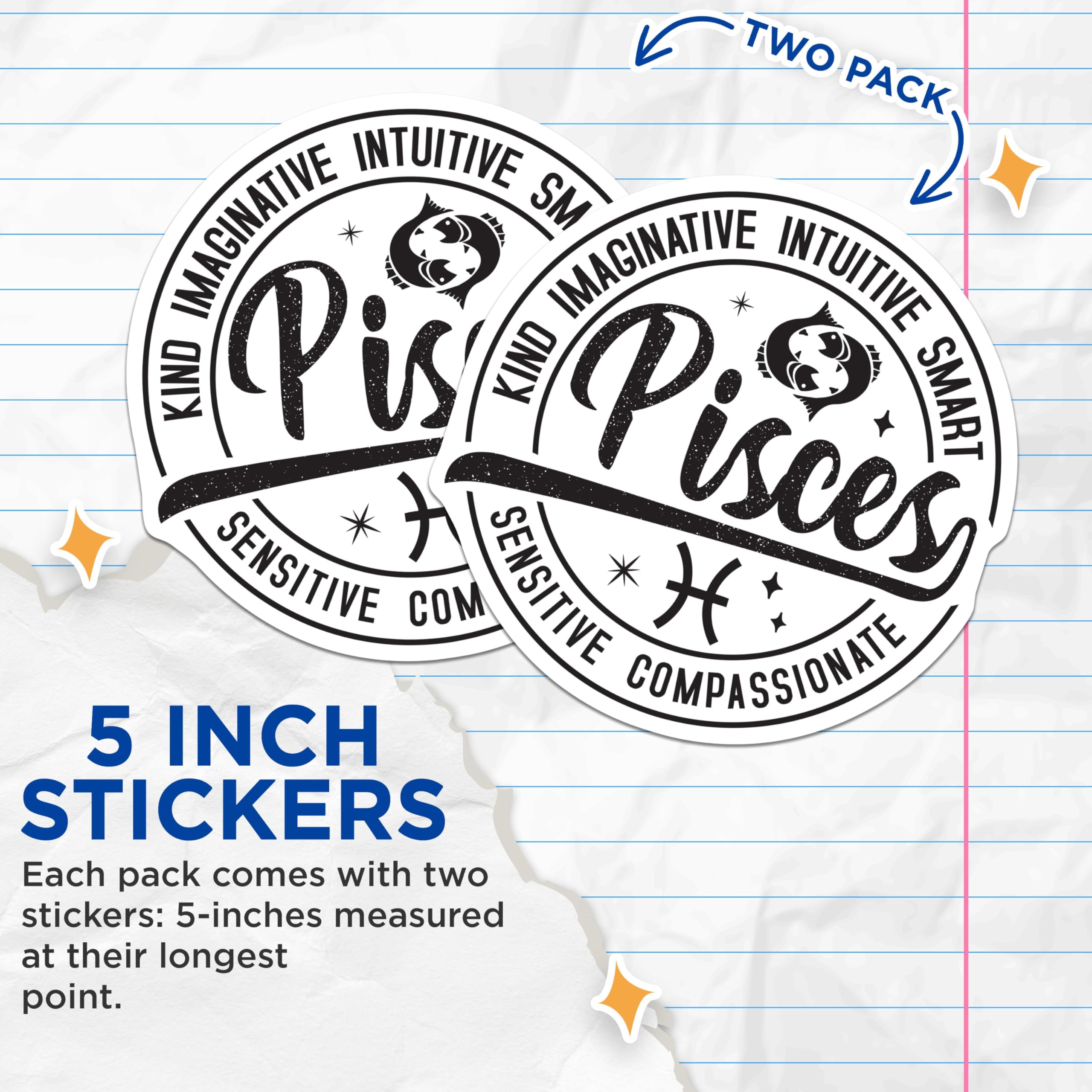 (2 Pack) Pisces Zodiac Stickers - Astrological Signs Stickers - Horoscope Sign Stickers - 5" On Longest Side - Sticks to Smooth Flat Surfaces - Made in USA - BMCS5261