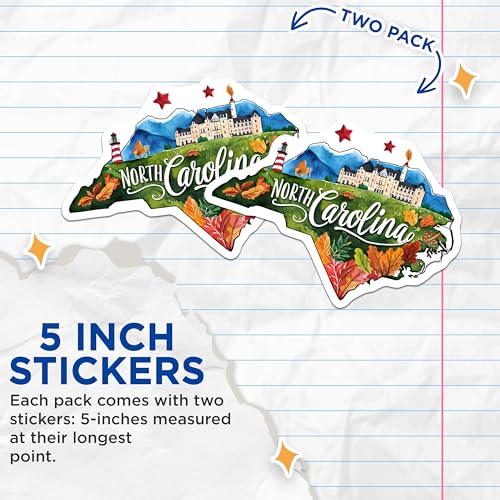 (2 Pack) North Carolina Stickers - State Art - Scenic Landscape - Travel Souvenir - Adventure Decal - 5" On Longest Side - Sticks to Smooth Flat Surfaces - Made in USA - BMCS6304