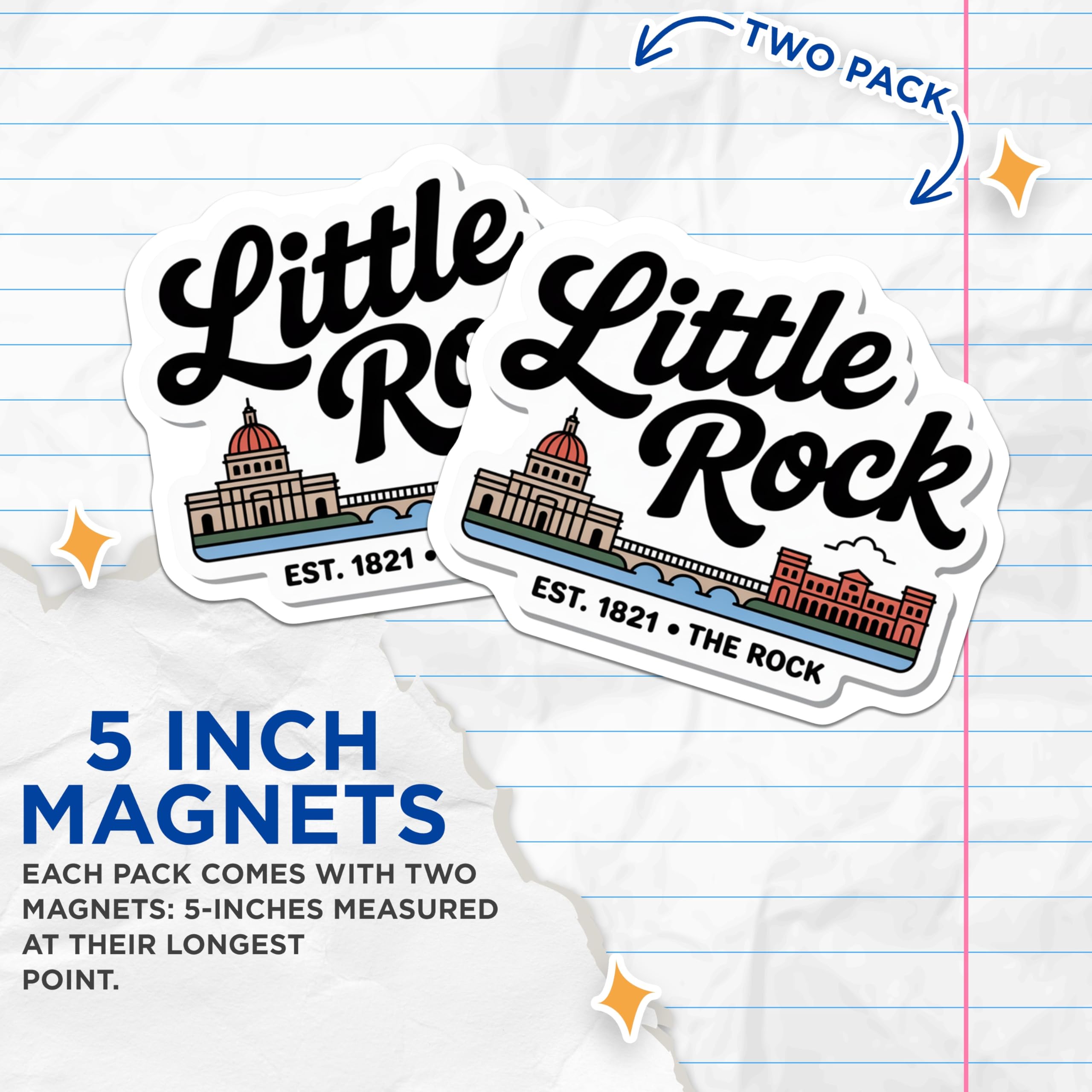 (2 Pack) Little Rock Arkansas Magnets - Souvenir Fridge Magnets - Capital City Travel Decor - 5" On Longest Side - Premium Magnet - for Cars, Refrigerators, Toolboxes, Lockers - Made in USA - MAG17325