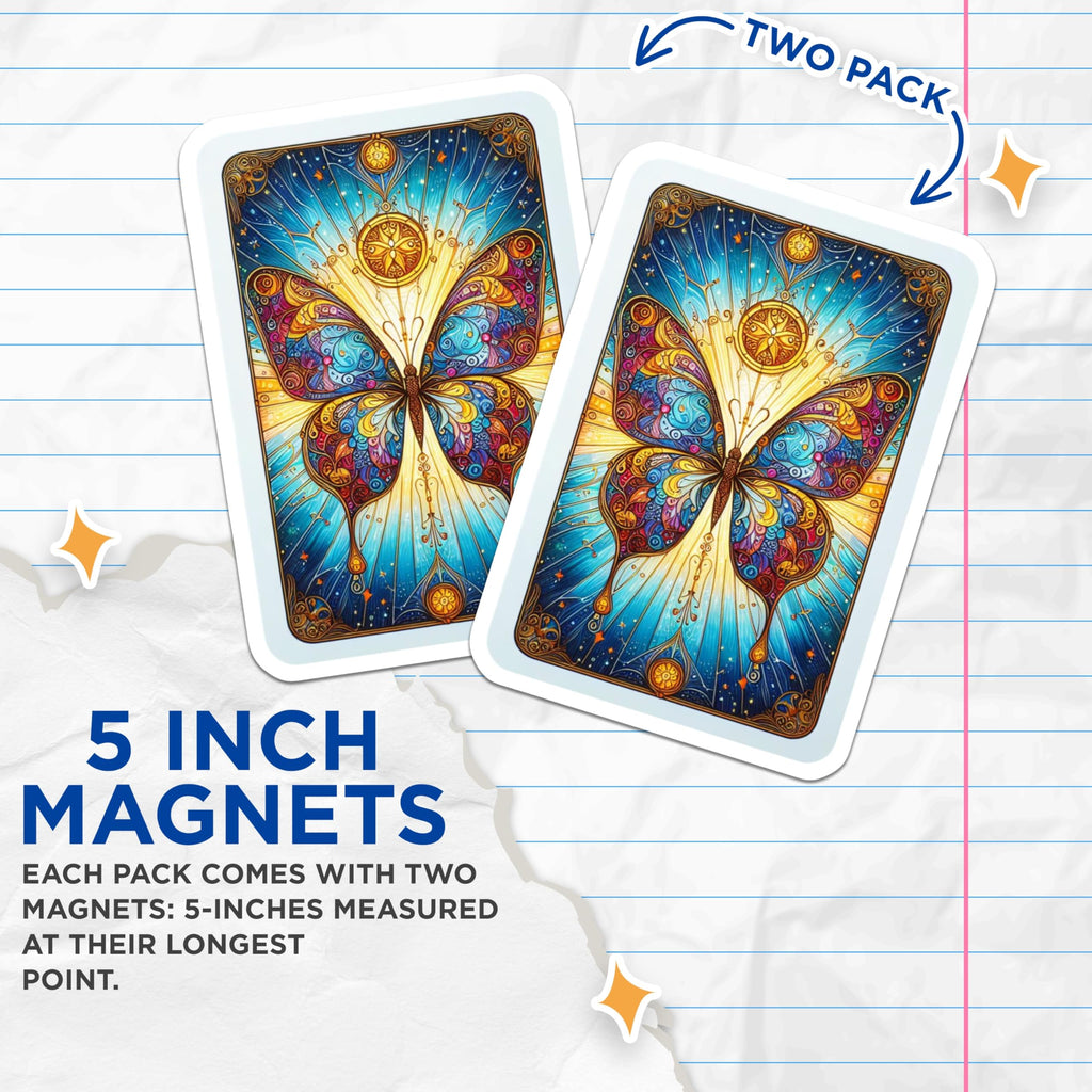 (2 Pack) Stained Glass Butterfly Magnets - Vibrant Mandala Art - Celestial Insect Decor - 5 Inches On Longest Side - Thick Durable Magnet - Made in USA - MAG22170