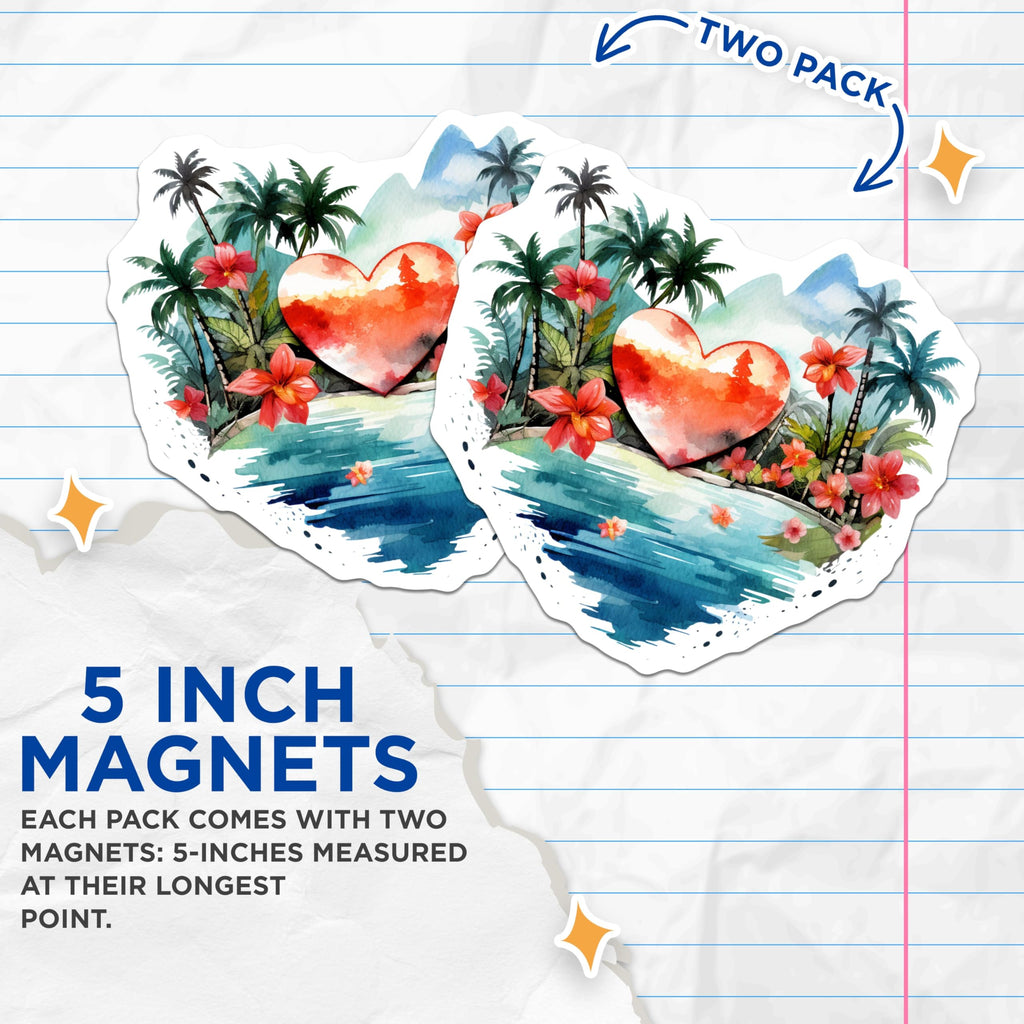 (2 Pack) Tropical Heart Magnets - Watercolor Island Paradise Scene Decor - Romantic Beach Vacation Home Art - 5 Inches On Longest Side - Thick Durable Magnet - Made in USA - MAG19534