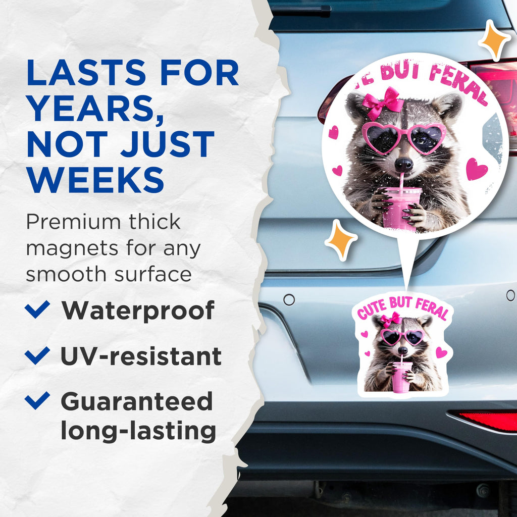(2 Pack) Cute But Feral Raccoon Magnets - Sassy Animal Art - Pink Bow Heart Sunglasses Refrigerator Decor - 5 Inches On Longest Side - Thick Durable Magnet - Made in USA - MAG21507