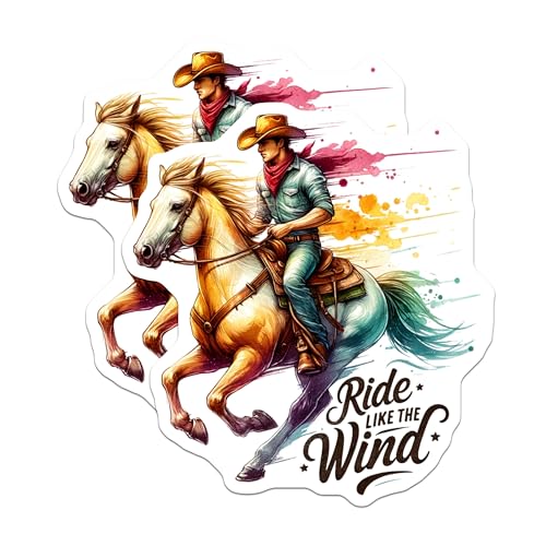(2 Pack) Ride Like The Wind Stickers - Cowboy on Horse - Western Themed Stickers - 5" On Longest Side - Sticks to Smooth Flat Surfaces - Made in USA - BMCS6909