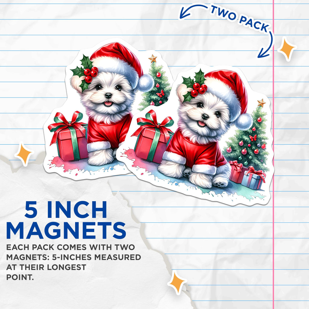 (2 Pack) Christmas Puppy Magnets - Santa Dog Holiday Decor - Festive Maltese Puppy Home Accents - 5 Inches On Longest Side - Thick Durable Magnet - Made in USA - MAG24287