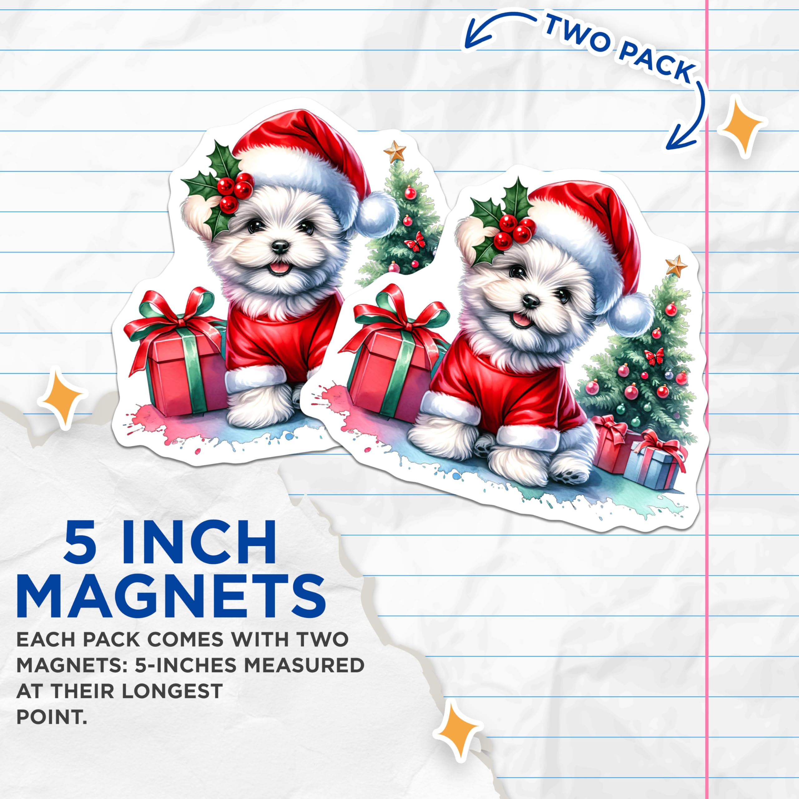 (2 Pack) Christmas Puppy Magnets - Santa Dog Holiday Decor - Festive Maltese Puppy Home Accents - 5 Inches On Longest Side - Thick Durable Magnet - Made in USA - MAG24287