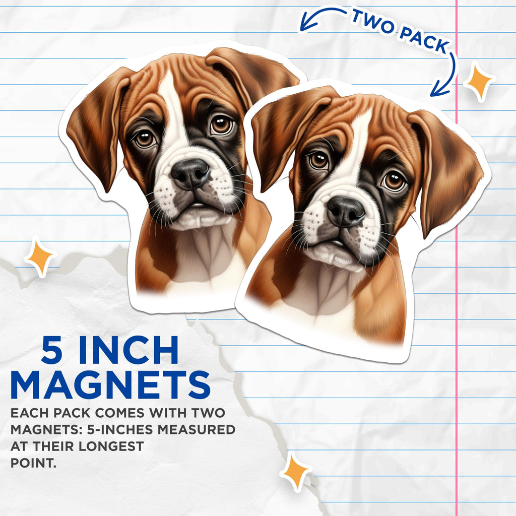 (2 Pack) Boxer Puppy Magnets - Cute Dog Art - Pet Lover Refrigerator Decor - Dog Mom Dad - 5 Inches On Longest Side - Thick Durable Magnet - Made in USA - MAG26733