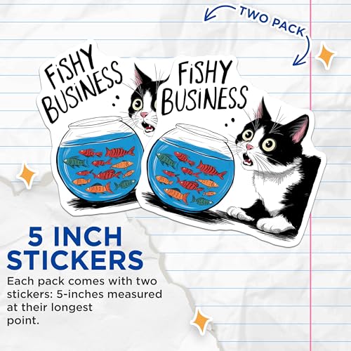 (2 Pack) Funny Cat Fishy Business Stickers - Cute Animal Sticker - 5" On Longest Side - Sticks to Smooth Flat Surfaces - Made in USA - BMCS8770 - BMCS8770