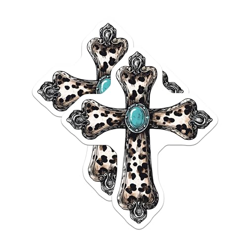 (2 Pack) Leopard Cross Stickers - Religious Sticker - 5" On Longest Side - Sticks to Smooth Flat Surfaces - Made in USA - BMCS8732 - BMCS8732