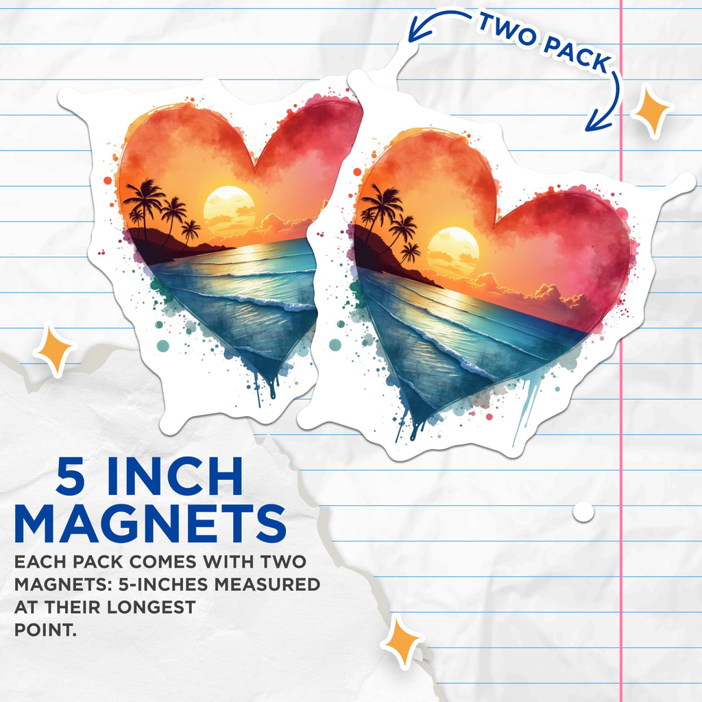 (2 Pack) Sunset Beach Magnets - Tropical Heart Decor - Ocean Scene Refrigerator Art - 5 Inches On Longest Side - Thick Durable Magnet - Made in USA - MAG25551