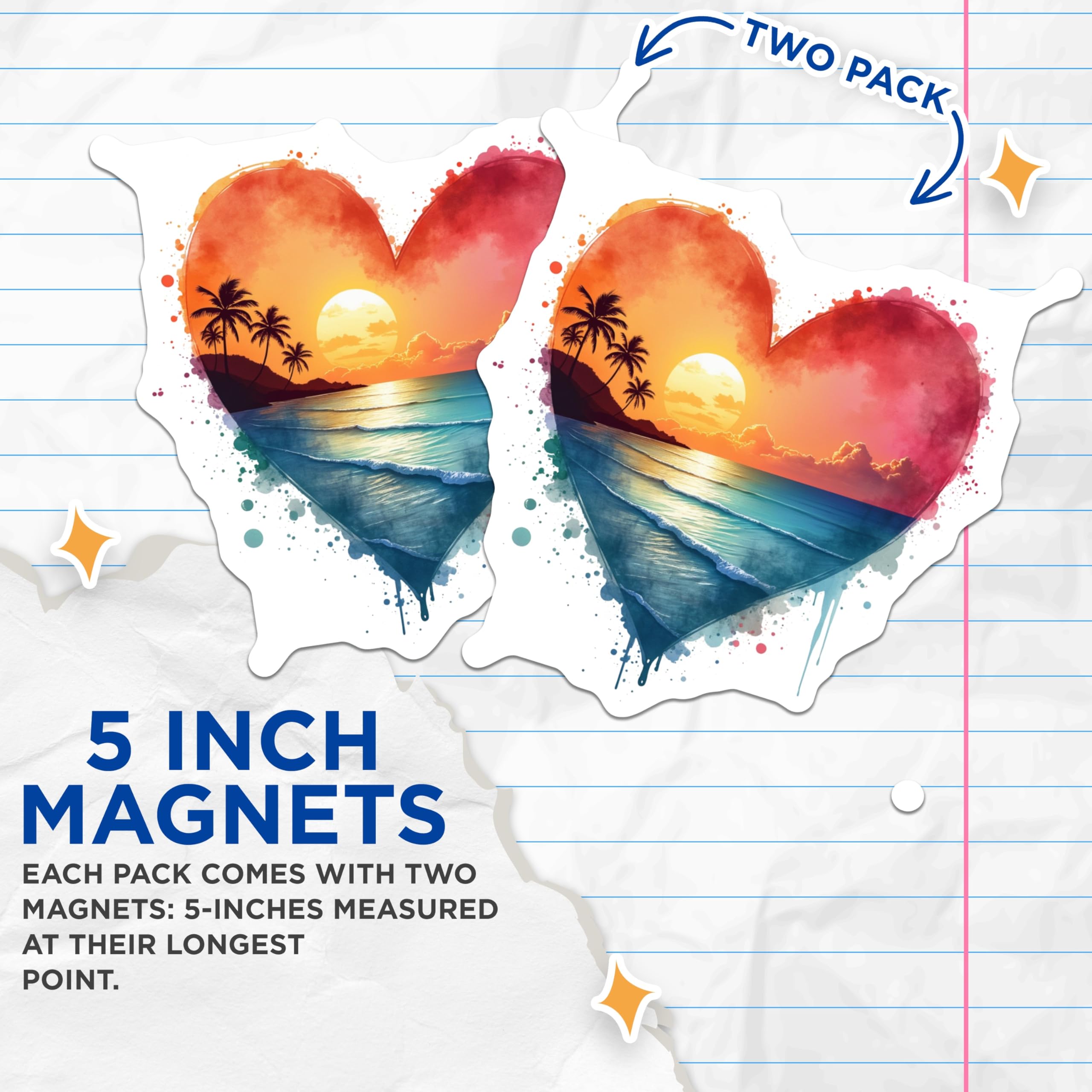 (2 Pack) Sunset Beach Magnets - Tropical Heart Decor - Ocean Scene Refrigerator Art - 5 Inches On Longest Side - Thick Durable Magnet - Made in USA - MAG25551