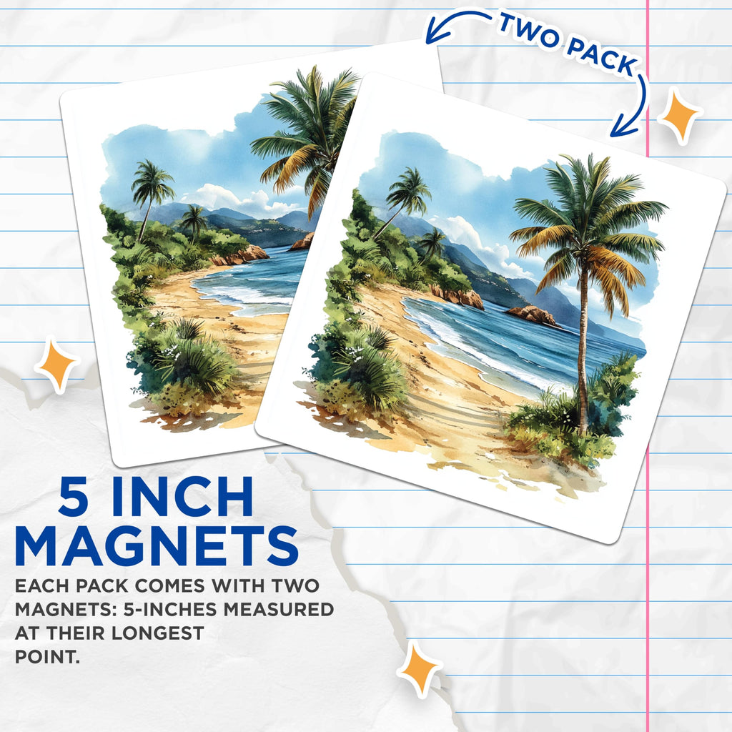 (2 Pack) Tropical Beach Magnets - Watercolor Ocean Art - Coastal Decor Fridge - 5 Inches On Longest Side - Thick Durable Magnet - Made in USA - MAG23600