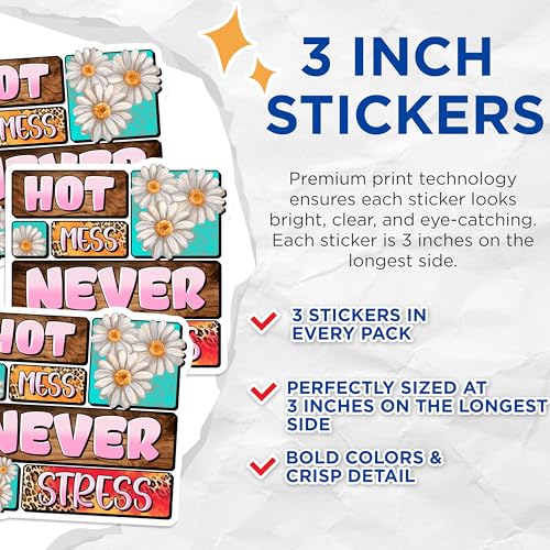 (3 Pack) Hot Mess Never Stress Decals - Daisy Flowers Stickers - Laptop Decal - 3 Inches On Longest Side - Easy Peel & Apply - Made in USA - 3MCS7231