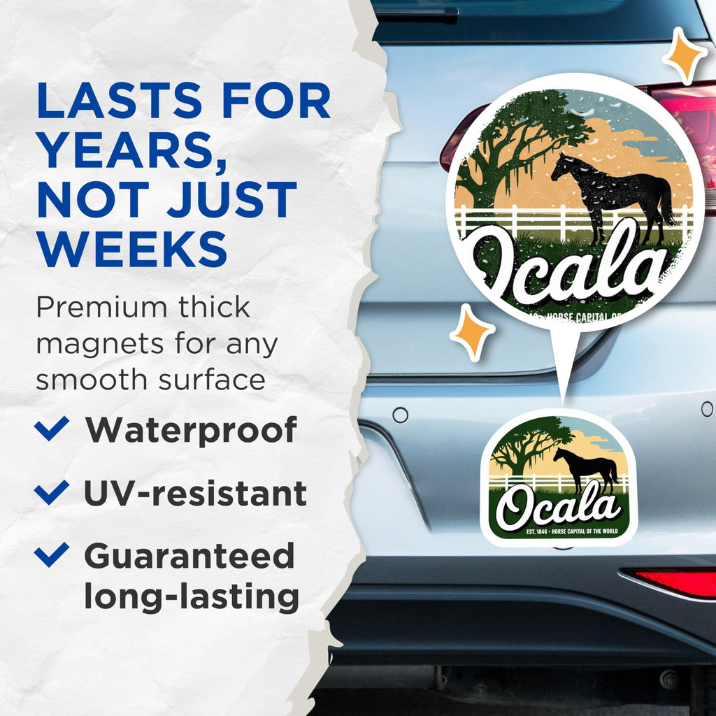 (2 Pack) Ocala Florida Magnets - Horse Capital - Travel Souvenir Home Decor - 5" On Longest Side - Premium Magnet - for Cars, Refrigerators, Toolboxes, Lockers - Made in USA - MAG18874