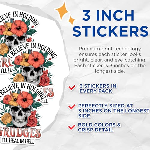 (3 Pack) Skull Holding Grudges Decals - Floral Skull - Laptop Decal - 3 Inches On Longest Side - Easy Peel & Apply - Made in USA - 3MCS1679