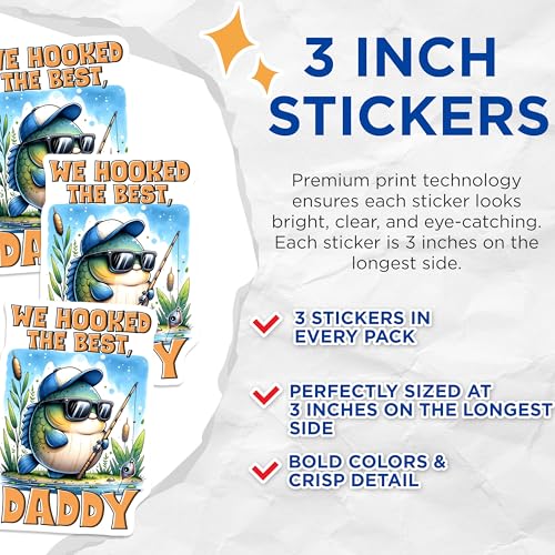 (3 Pack) Fishing Dad Decals - Cool Fish - Dad We Hooked The Best - Fisherman Decals - 3 Inches On Longest Side - Easy Peel & Apply - Made in USA - 3MCS6226
