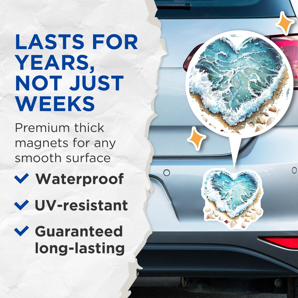 (2 Pack) Ocean Wave Heart Magnets - Coastal Beach Decor - Seashell Refrigerator Magnets - 5 Inches On Longest Side - Thick Durable Magnet - Made in USA - MAG19617