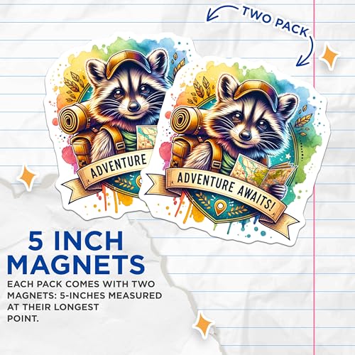 (2 Pack) Adventure Awaits Animal Art Magnets - Cute Raccoon Fridge Magnet - Adventure Animal Lovers - 5" On Longest Side - for Cars, Fridges, Toolboxes - Made in USA - MAG4534
