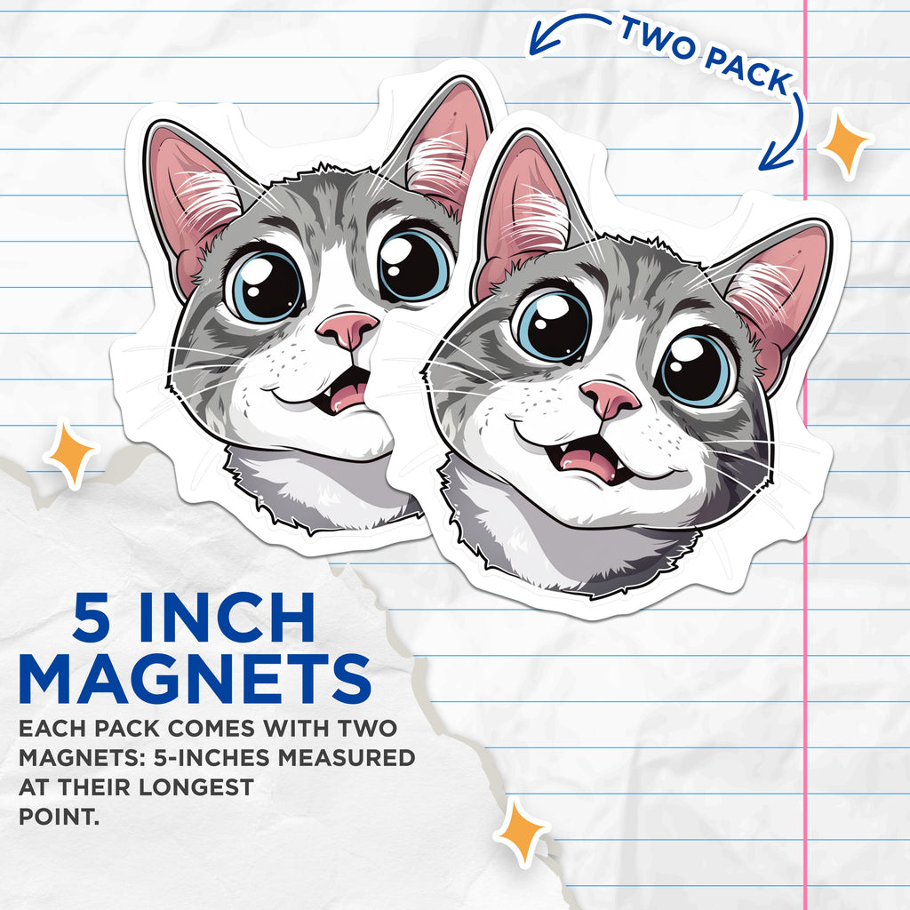 (2 Pack) Cute Cat Magnets - Kawaii Kitten Fridge Decor - Pet Lover Animal Face Art - Adorable Grey Tabby Magnet Set - 5 Inches On Longest Side - Thick Durable Magnet - Made in USA - MAG36577
