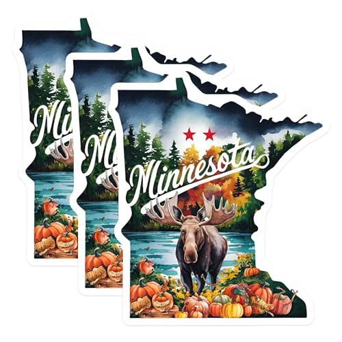 (3 Pack) Minnesota Decals - Moose and Pumpkins - Laptop Decal- State Pride- 3 Inches On Longest Side - Easy Peel & Apply - Made in USA - 3MCS5076