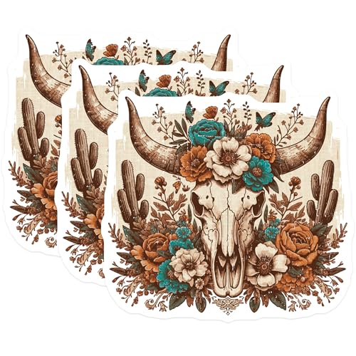 (3 Pack) Floral Bull Skull Decals - Western Boho Sticker - Cactus Laptop Decal - 3 Inches On Longest Side - Easy Peel & Apply - Made in USA - 3MCS2224