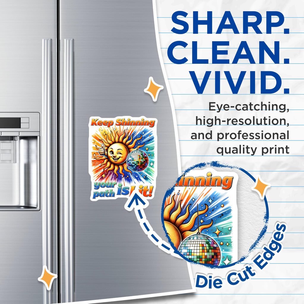 (2 Pack) Keep Shining Magnets - Inspirational Sun - Disco Ball Art - Motivational Phrase - 5" On Longest Side - for Cars, Refrigerators, Toolboxes, Lockers - Made in USA BMCS3231