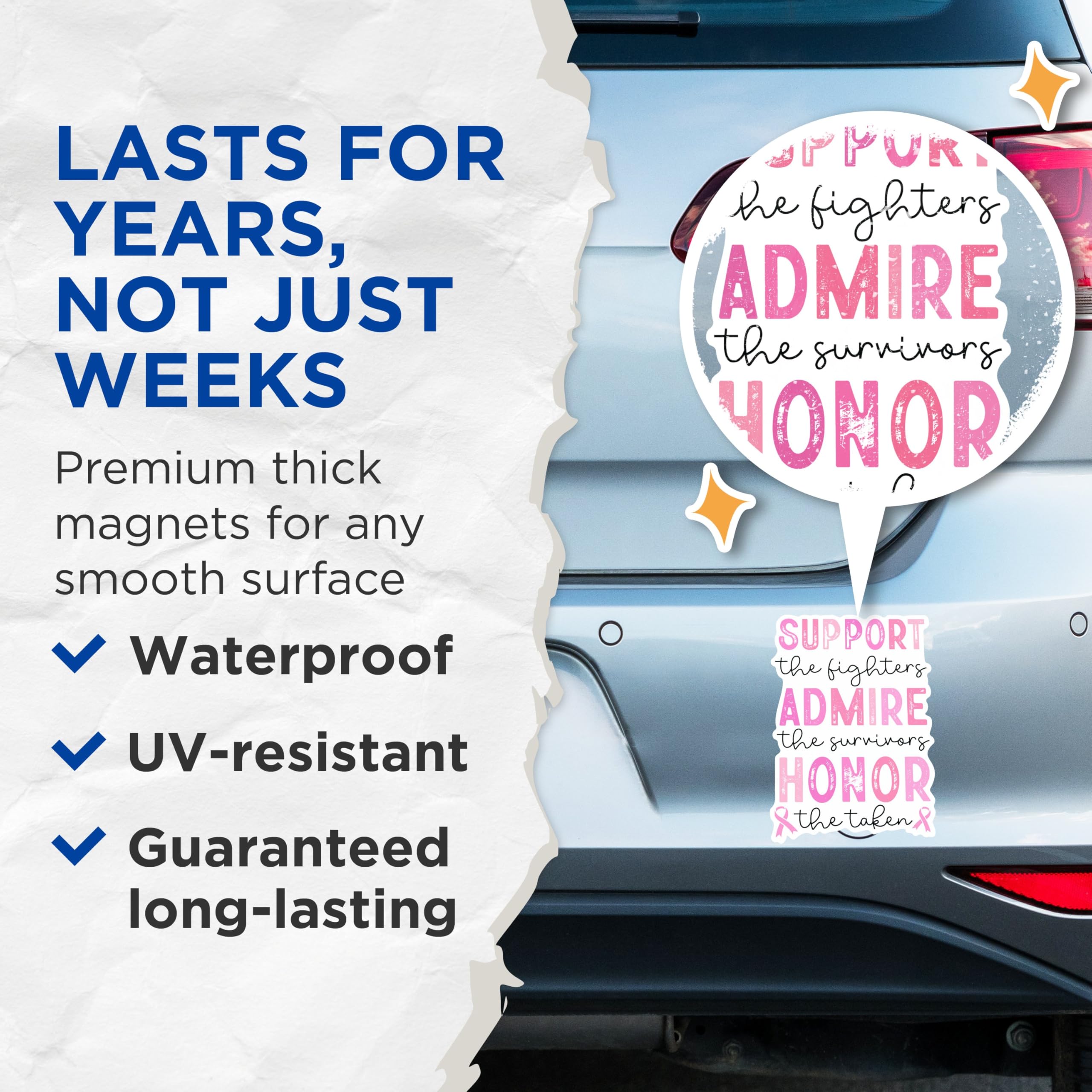 (2 Packs) Support The Fighters Admire The Survivors Honor The Taken Magnets - Breast Cancer Awareness Magnets - 5" On Longest Side - for Fridges, Toolboxes, Cars - Made in USA - MAG2447