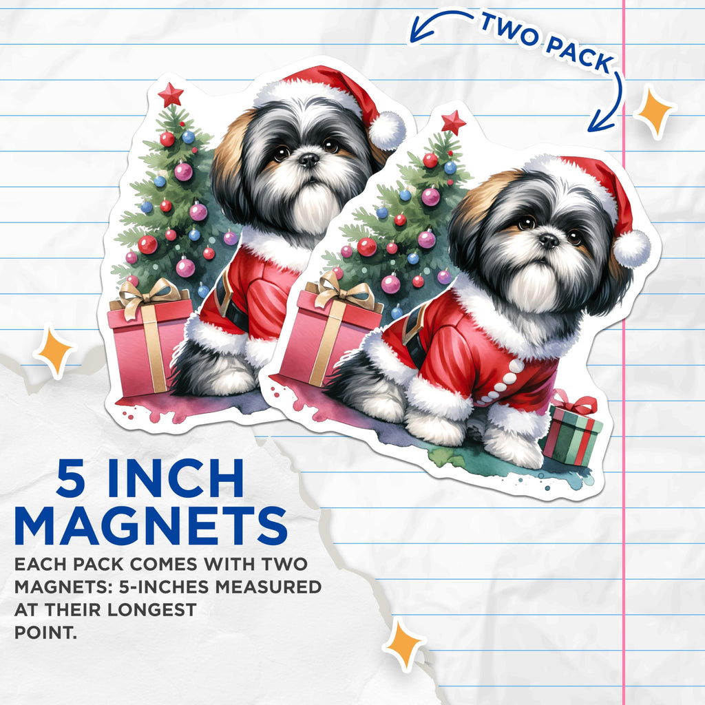(2 Pack) Christmas Shih Tzu Magnets - Santa Puppy Decor - Holiday Dog Lover Refrigerator Accent - 5 Inches On Longest Side - Thick Durable Magnet - Made in USA - MAG30336