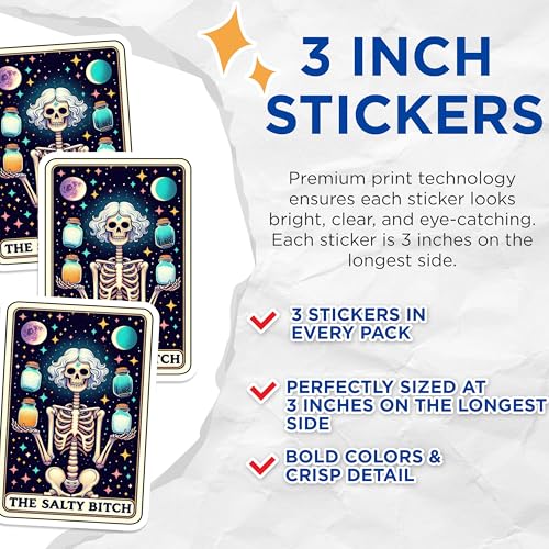 (3 Pack) Salty B Decals - Funny Tarot Card - Sarcastic Skeleton Sticker - 3 Inches On Longest Side - Easy Peel & Apply - Made in USA - 3MCS4259