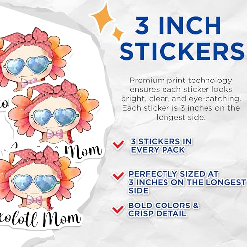 (3 Pack) Axolotl Mom Decals - Cute Salamander - Animal Lover Stickers - 3 Inches On Longest Side - Easy Peel & Apply - Made in USA - 3MCS6547