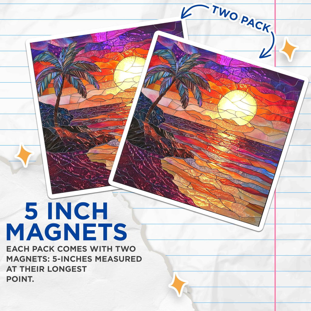 (2 Pack) Stained Glass Sunset Magnets - Tropical Ocean Palm Tree Art - Vibrant Beach Refrigerator Decor - 5 Inches On Longest Side - Thick Durable Magnet - Made in USA - MAG24548