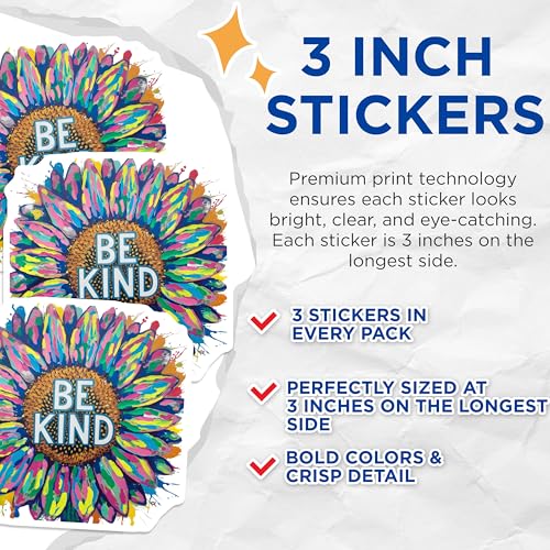 (3 Pack) Be Kind Sunflower Decals - Inspirational Message - Laptop Decal Art- 3 Inches On Longest Side - Easy Peel & Apply - Made in USA - 3MCS5378