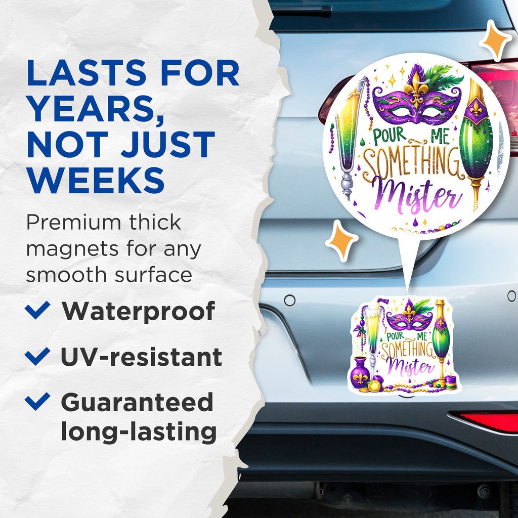 (2 Pack) Mardi Gras Celebration Magnets - New Orleans Party Decor - Festive Fleur de Lis Quote - 5 Inches On Longest Side - Thick Durable Magnet - Made in USA - MAG38077