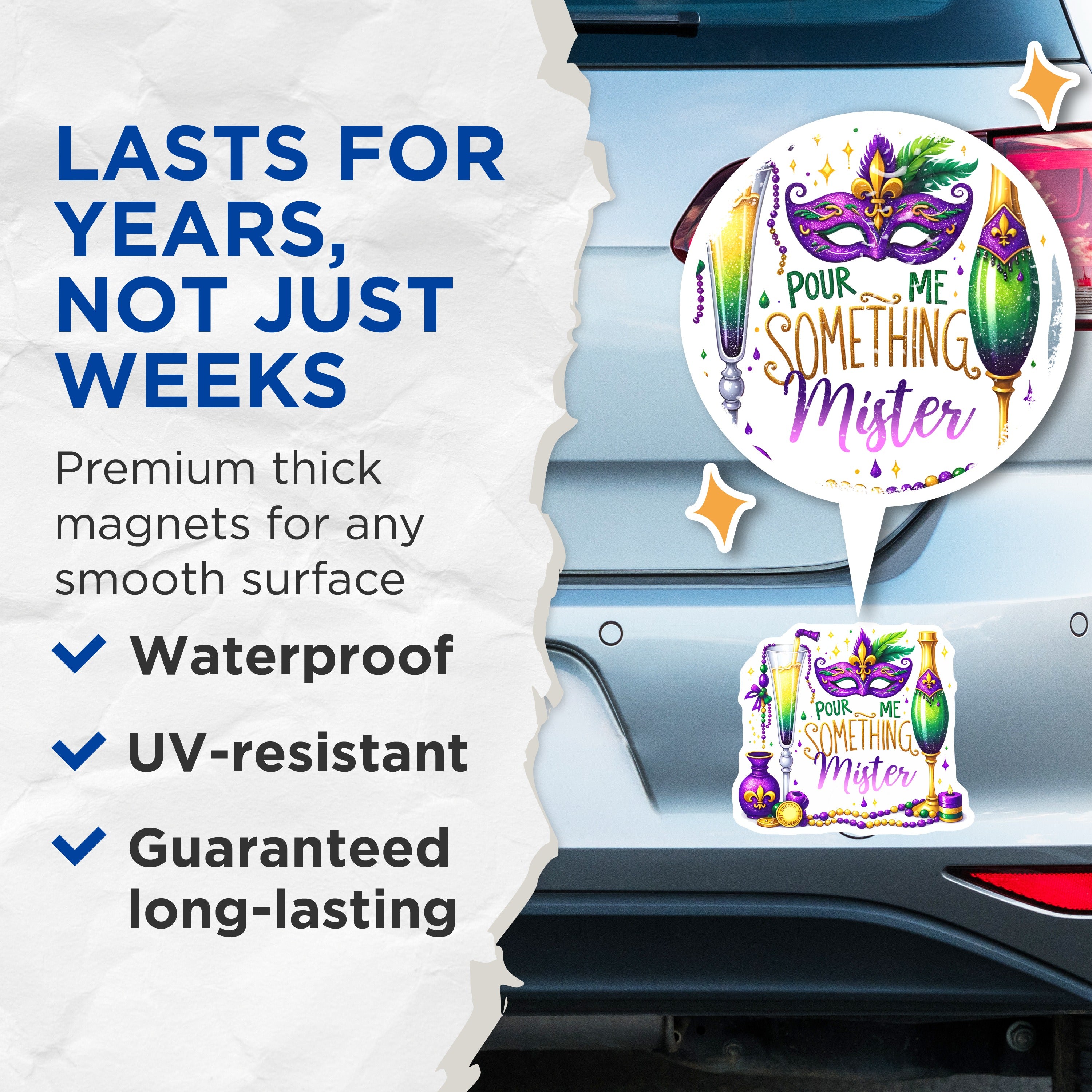 (2 Pack) Mardi Gras Celebration Magnets - New Orleans Party Decor - Festive Fleur de Lis Quote - 5 Inches On Longest Side - Thick Durable Magnet - Made in USA - MAG38077