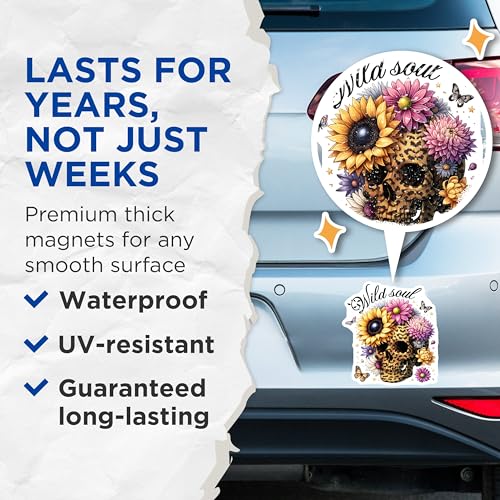 (2 Pack) Wild Soul Magnets - Skull with Flowers - Sunflower Decor - Butterfly Decorations - 5" On Longest Side - for Cars, Fridges, Toolboxes - Made in USA - MAG7378