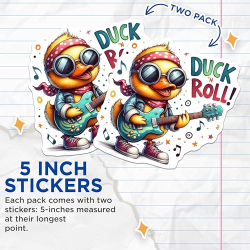(2 Pack) Duck and Roll Stickers - Rock and Roll Duck Decals - Cute Animal Guitar Stickers - 5" On Longest Side - Sticks to Smooth Flat Surfaces - Made in USA - BMCS6340