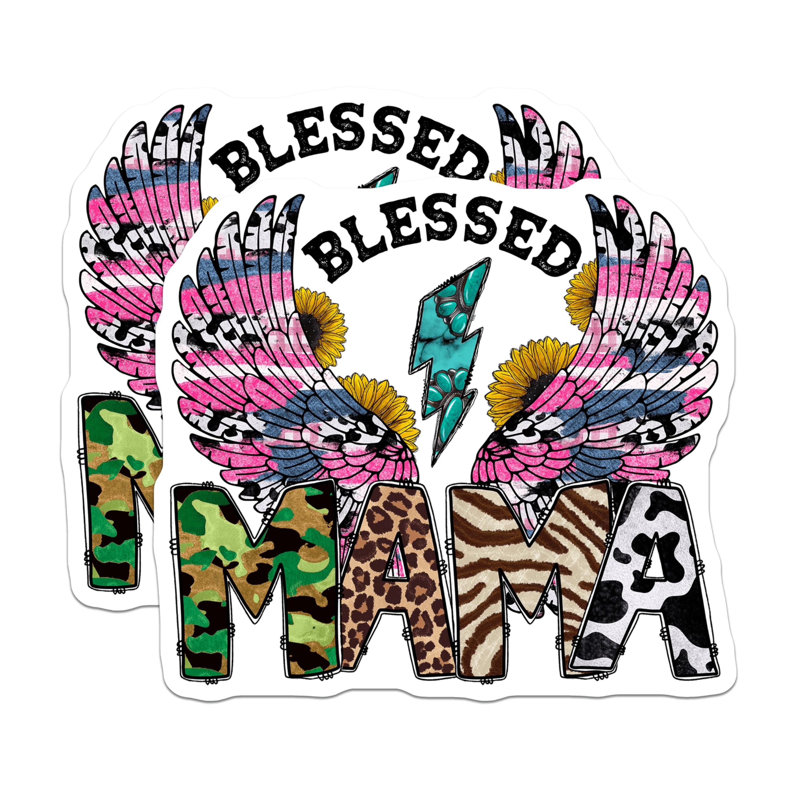 (2 Pack) Blessed Mama Magnets - Animal Print Sunflower - Western Country Mom Life - 5 Inches On Longest Side - Thick Durable Magnet - Made in USA - MAG29093