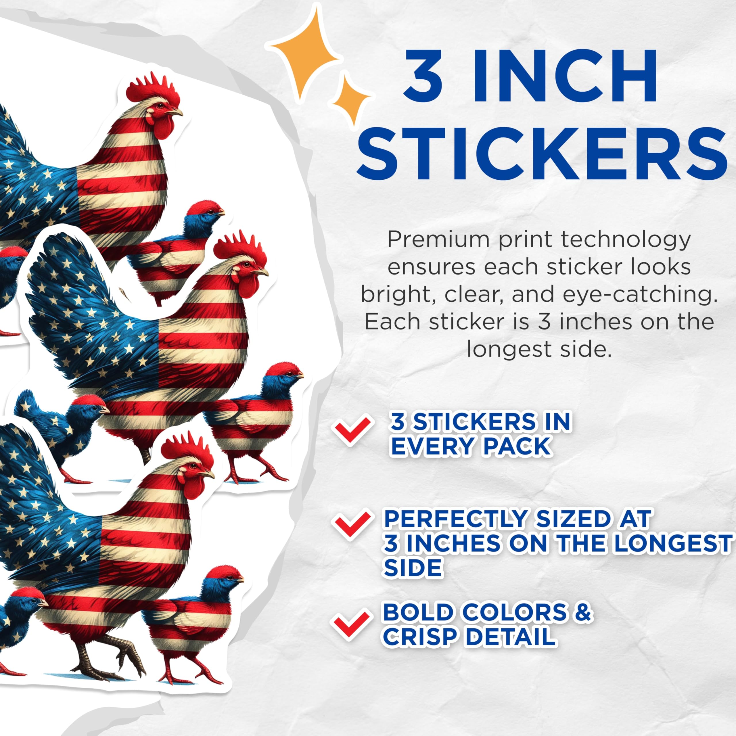 (3 Pack) American Chicken Decals - Patriotic Rooster Art - USA Flag Stickers- 3 Inches On Longest Side - Easy Peel & Apply - Made in USA - 3MCS5994