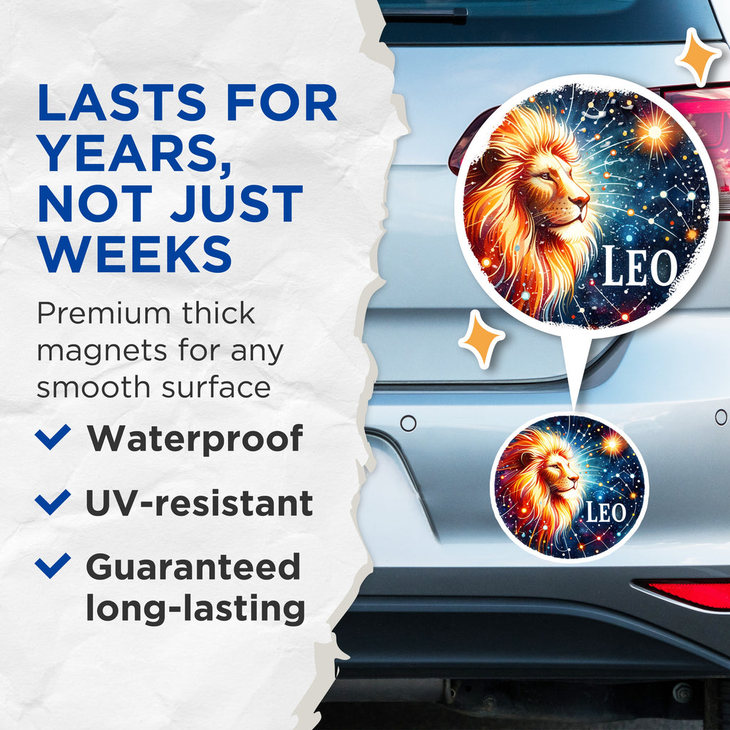 (2 Pack) Leo Zodiac Magnets - Astrology Sign Decor - Cosmic Lion Artwork - July August Birthday - 5 Inches On Longest Side - Thick Durable Magnet - Made in USA - MAG39781