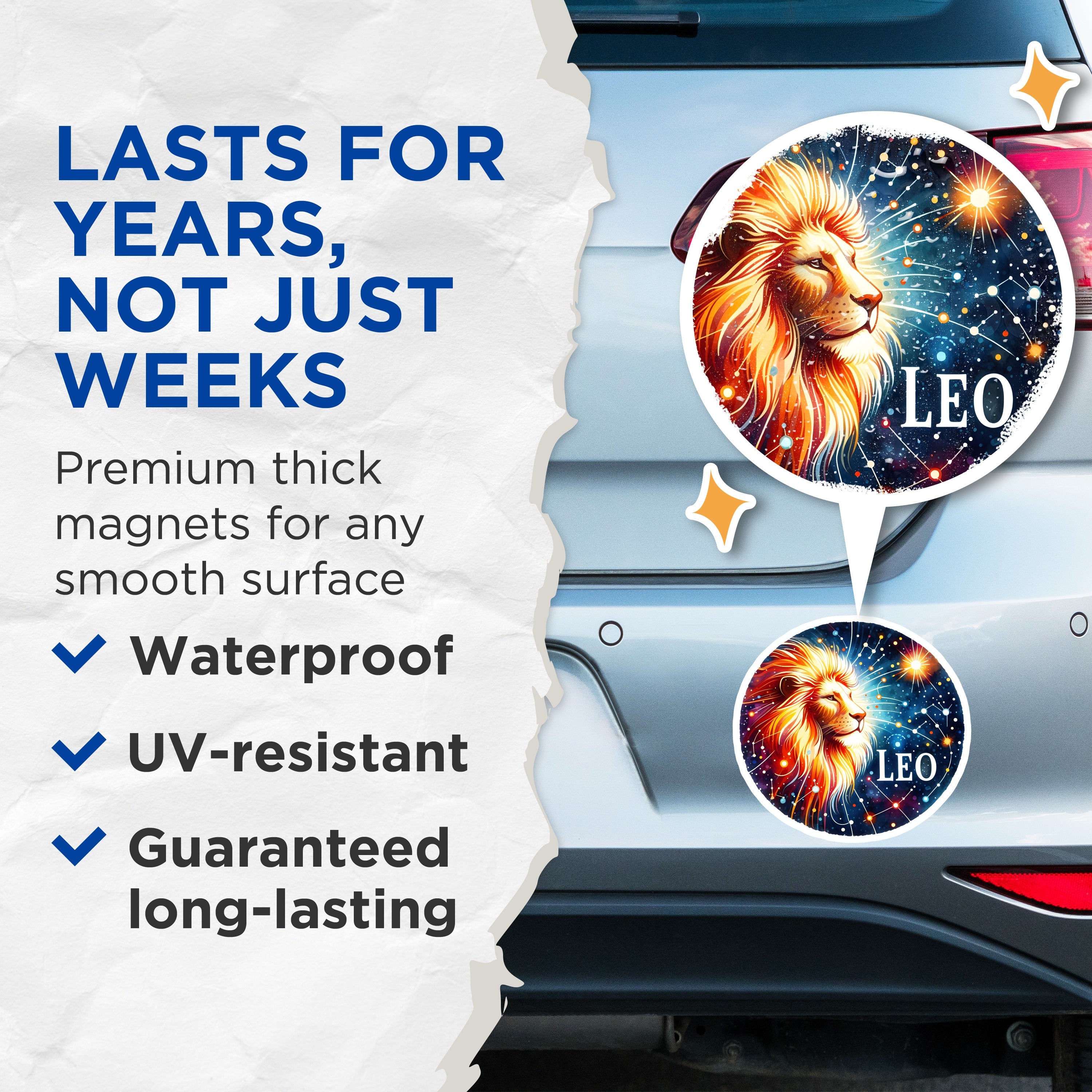 (2 Pack) Leo Zodiac Magnets - Astrology Sign Decor - Cosmic Lion Artwork - July August Birthday - 5 Inches On Longest Side - Thick Durable Magnet - Made in USA - MAG39781