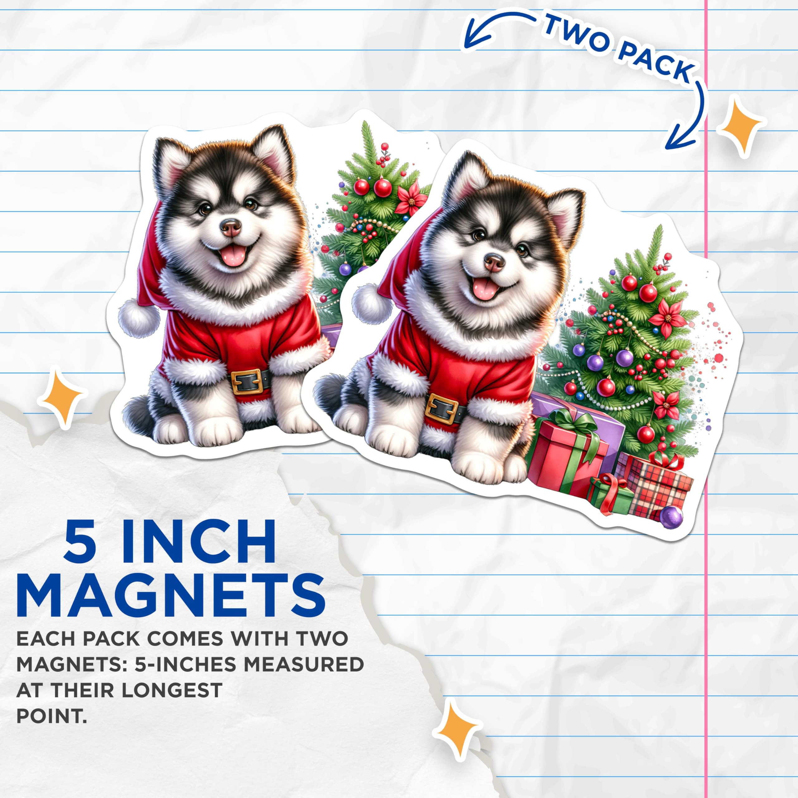 (2 Pack) Cute Puppy Christmas Magnets - Santa Dog Holiday Decor - Husky Malamute Lover - Refrigerator Kitchen Home Decoration - 5 Inches On Longest Side - Thick Durable Magnet - Made in USA - MAG30531