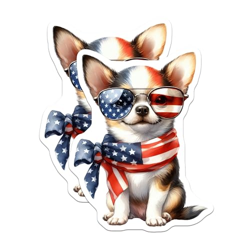(2 Pack) Patriotic Dog Stickers - American Flag Sunglasses - Cute Puppy with Scarf Sticker - 5" On Longest Side - Sticks to Smooth Flat Surfaces - Made in USA - BMCS7109
