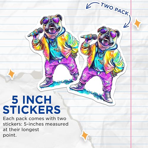 (2 Pack) Cool Bulldog Singer Stickers - Cute Cartoon Dog - Colorful Music Lover - 5" On Longest Side - Sticks to Smooth Flat Surfaces - Made in USA - BMCS9496